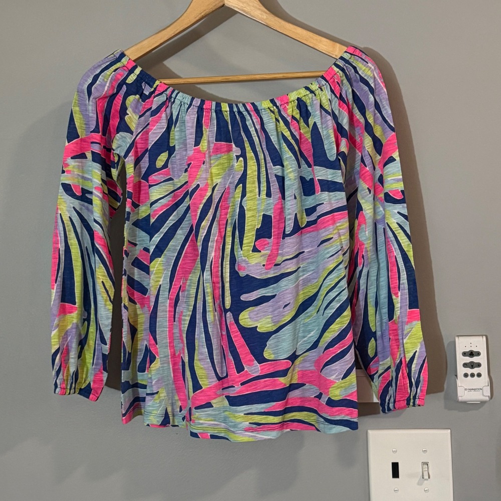 Lilly Pulitzer Enna Knit Off Shoulder Tropical Print Top Sz S Indigo Sea Dreamin